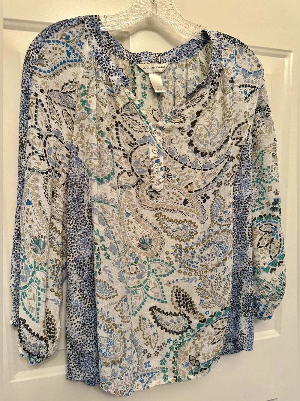 Christopher & Banks Paisley Print Peasant Blouse Size M Blue Boho Lightweight